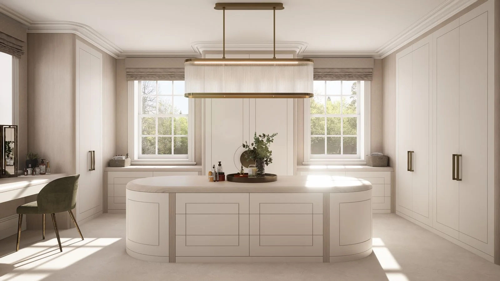Computer-generated image: a dressing room with a curved island, full-height wardrobes and a linear glass pendant between two sash windows