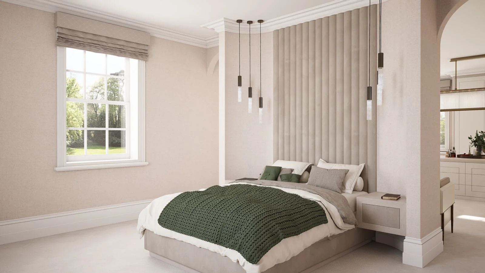 Computer-generated image: the principal bedroom, with a channelled headboard wall and pendant lights