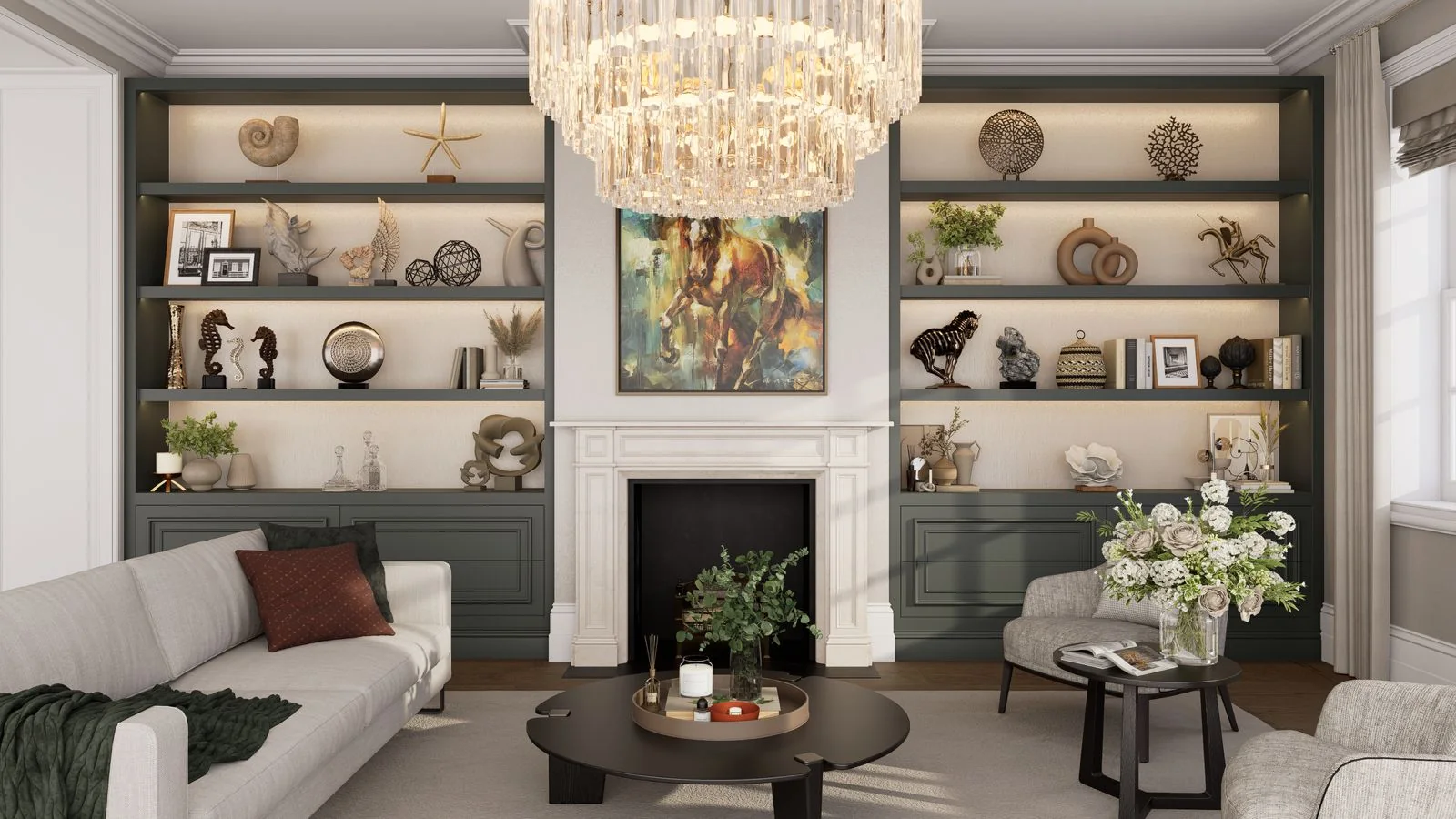 Computer-generated image: a drawing room with dark green library joinery either side of a stone fireplace, under a crystal chandelier