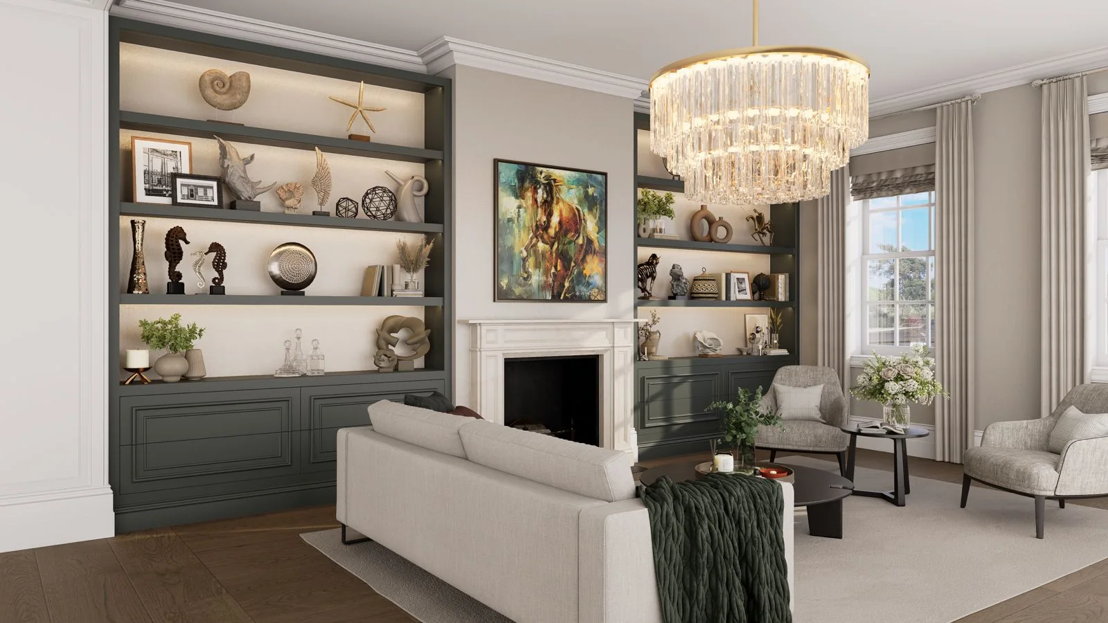 Computer-generated image: the same drawing room seen from the window side, with lit shelves and a pale sofa