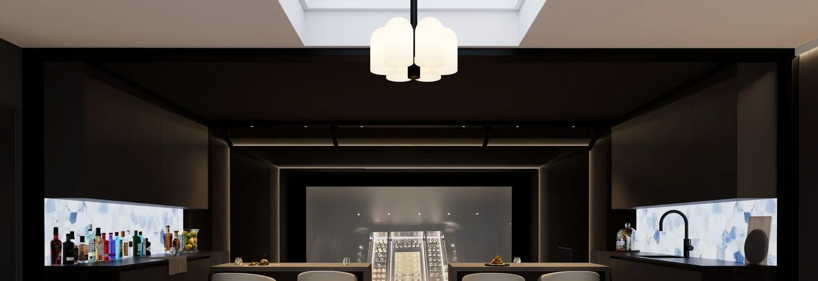 Computer-generated image: a games room in dark timber with a backlit stone bar, bar seating and an illuminated wine display under a rooflight