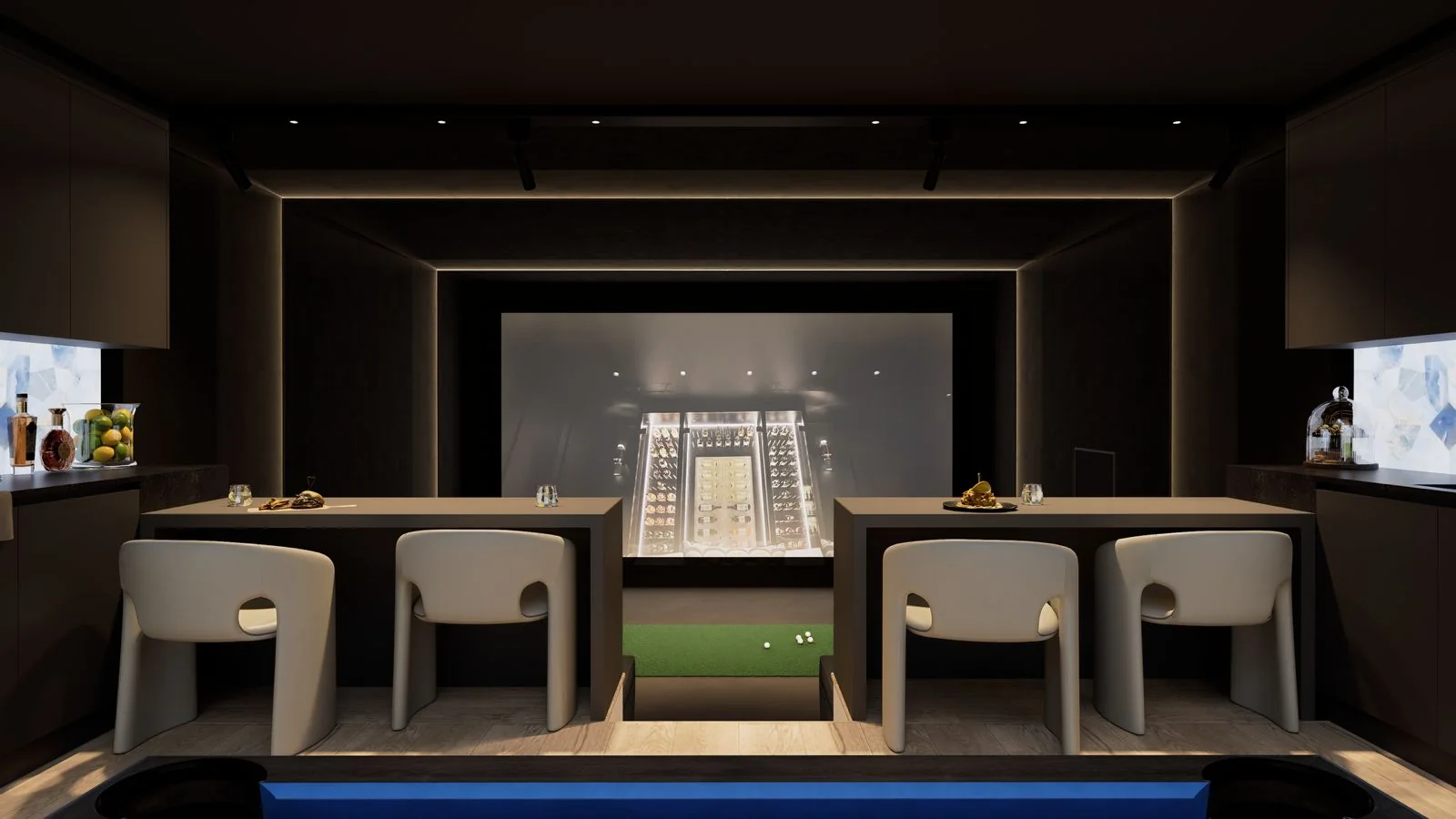 Computer-generated image: the golf simulator bay seen from the pool table, flanked by bar seating