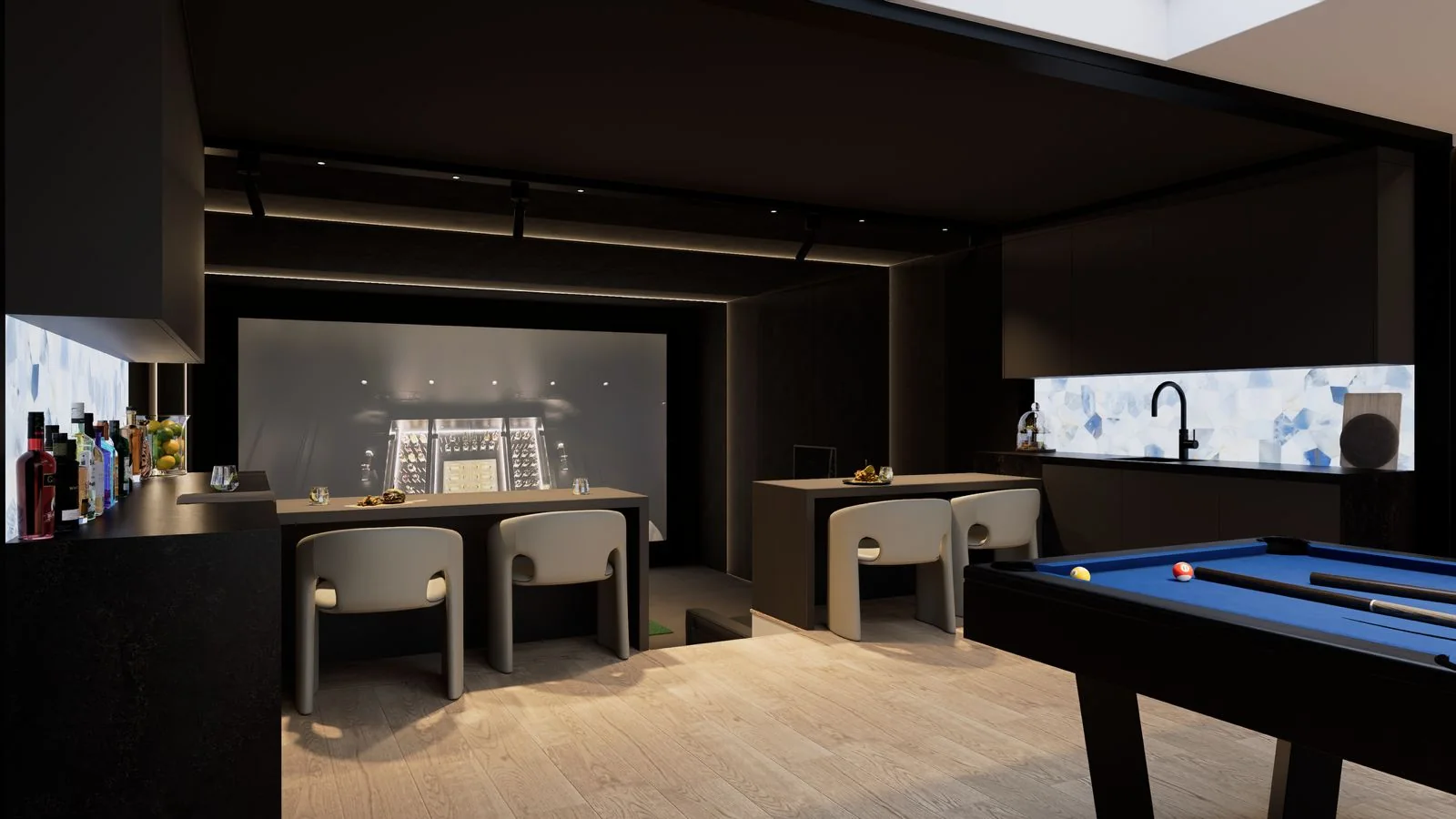 Computer-generated image: the bar, simulator screen and pool table from the side